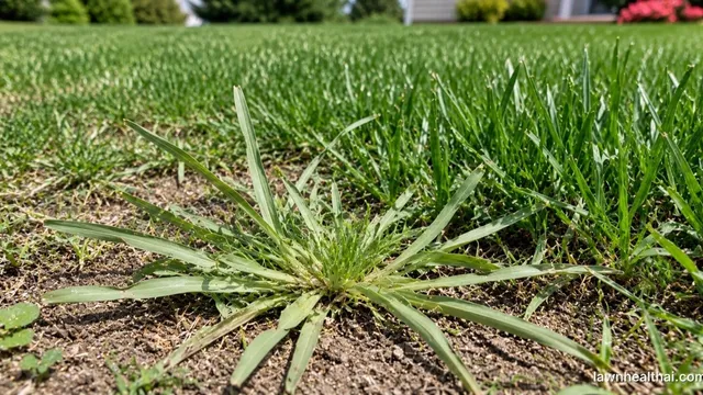 A crabgrass clump fanning outward low against bare soil in an otherwise upright lawn, with finger-like seedheads