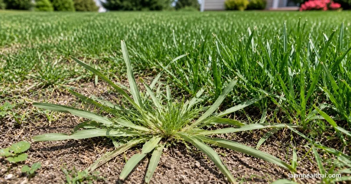 A crabgrass clump fanning outward low against bare soil in an otherwise upright lawn, with finger-like seedheads — Nevada