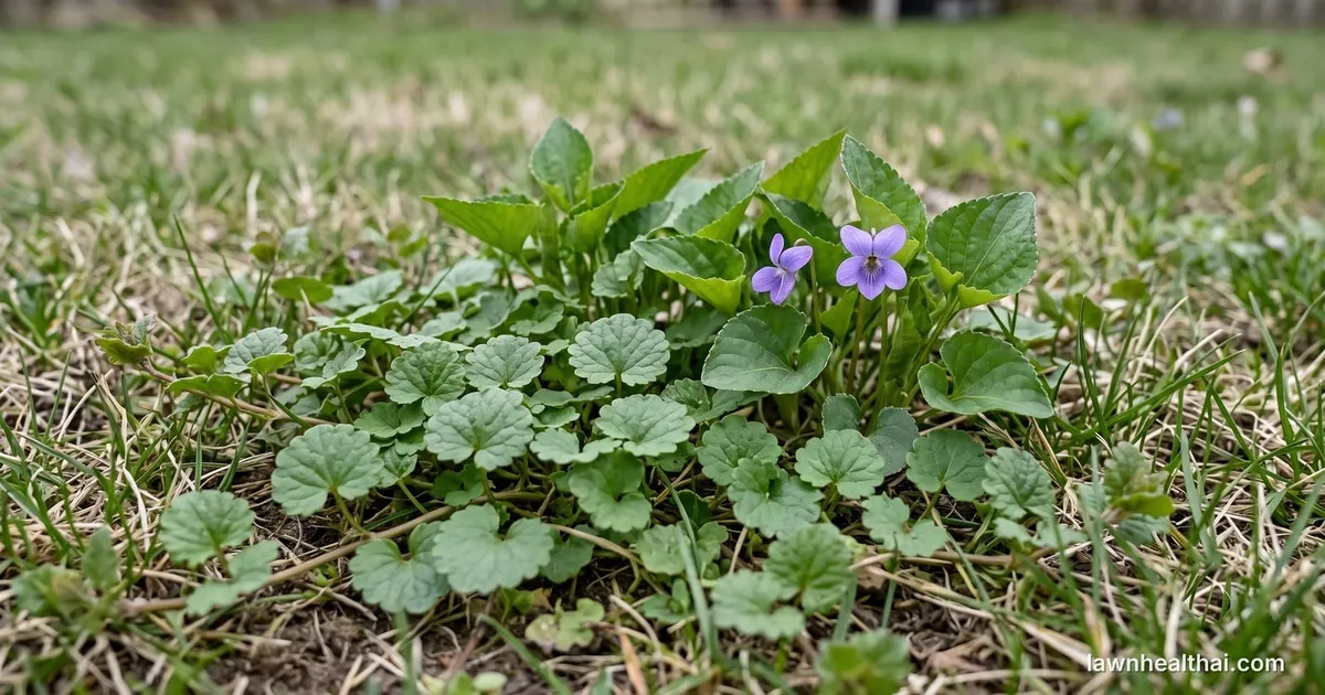 A mat of round scalloped creeping Charlie leaves spreading across thin lawn grass, with heart-shaped wild violet leaves and two purple violet flowers growing among them — Nevada