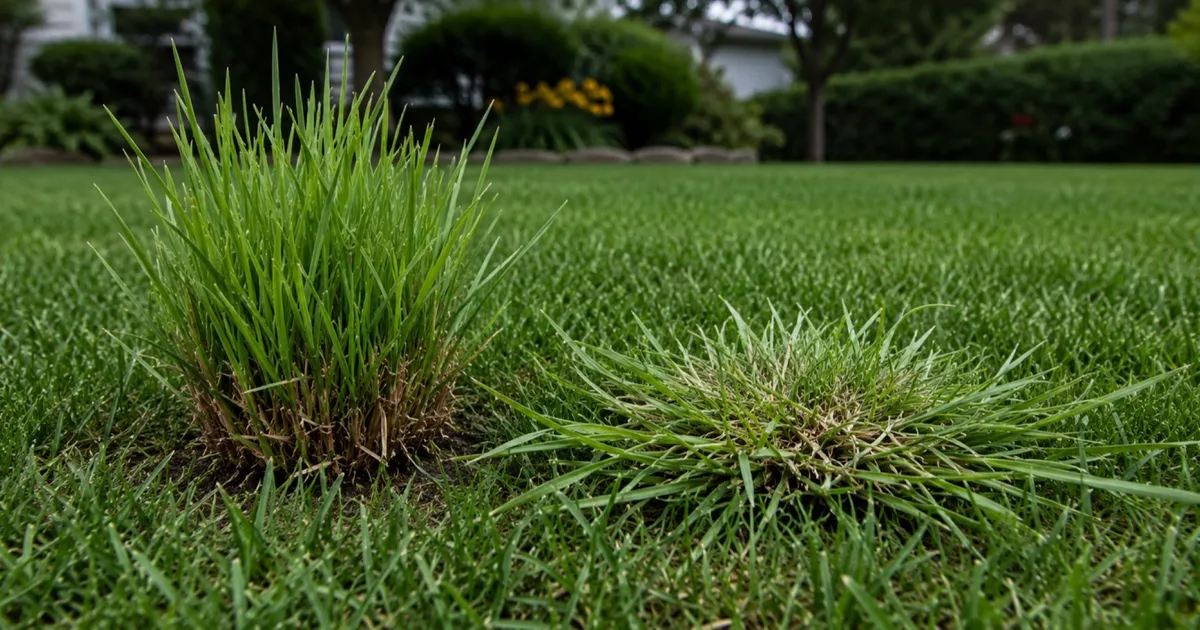 Side-by-side comparison: dallisgrass growing upright from a thick perennial crown, and crabgrass fanning outward low from a soft annual crown