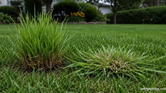 Side-by-side comparison: dallisgrass growing upright from a thick perennial crown, and crabgrass fanning outward low from a soft annual crown