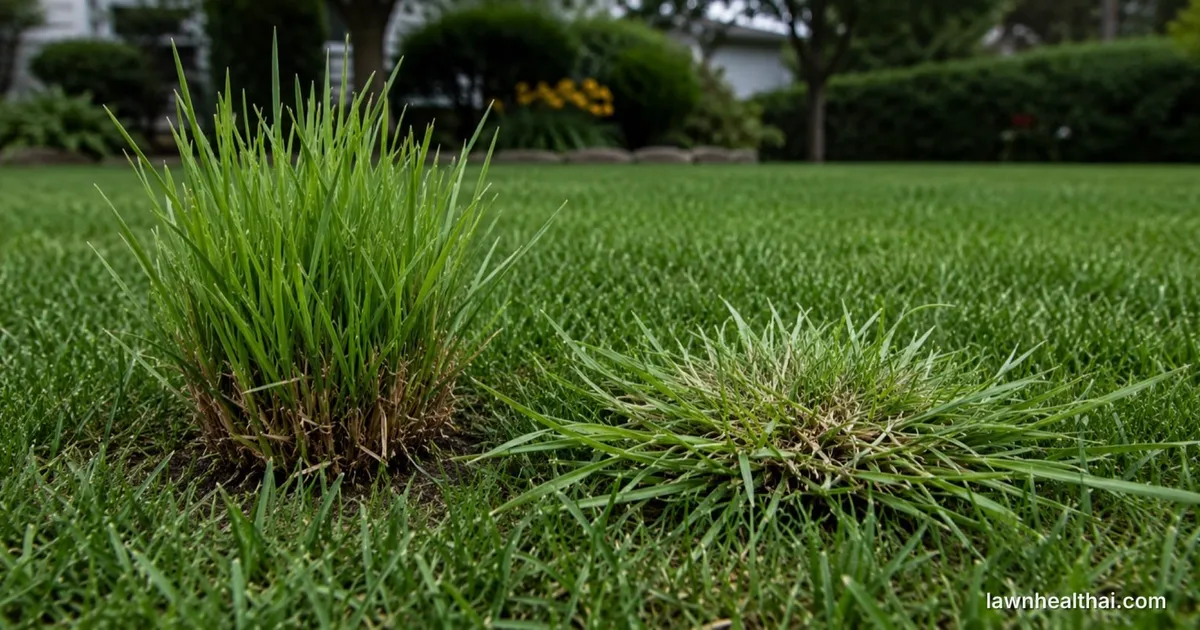 Side-by-side comparison: dallisgrass growing upright from a thick perennial crown, and crabgrass fanning outward low from a soft annual crown — Delaware