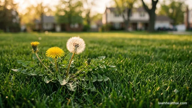 Dandelion with seed head growing in a green residential lawn