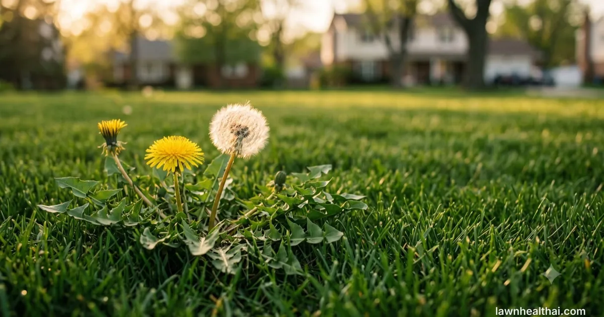 Dandelion with seed head growing in a green residential lawn — Oklahoma