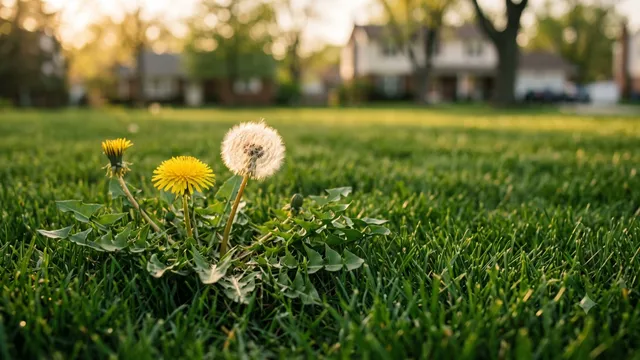 Dandelion with seed head growing in a green residential lawn
