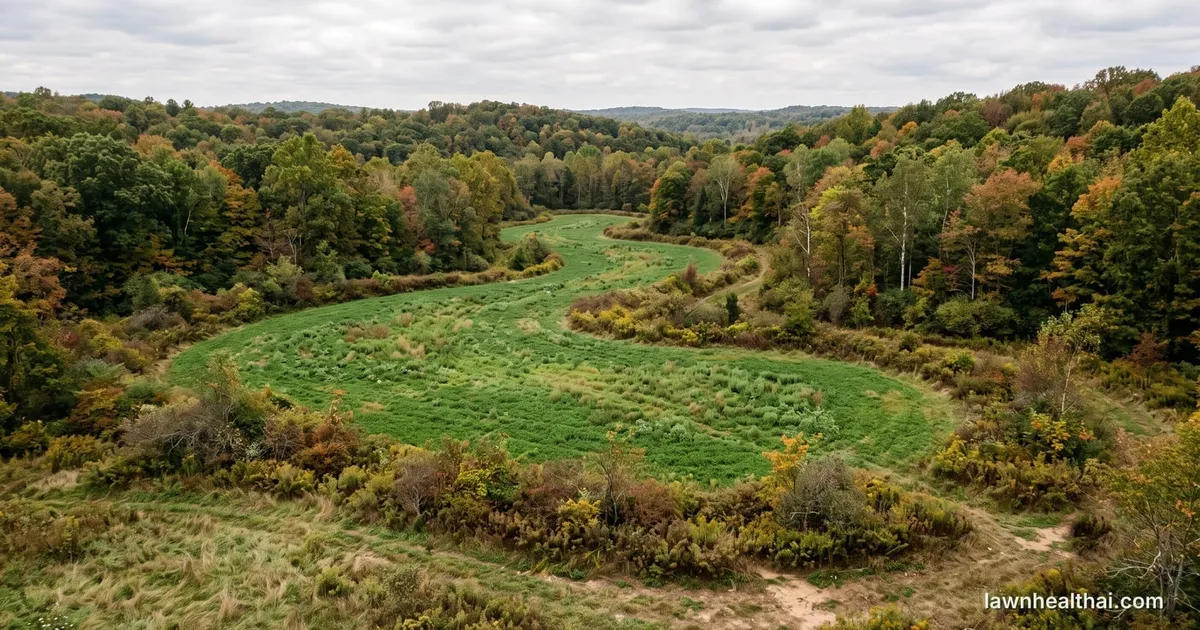 An irregular-shaped green food plot planted in a clearing surrounded by mixed woodland, with brushy cover along its curved edges