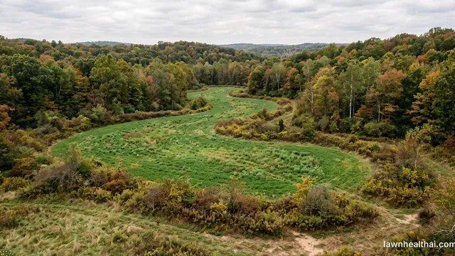 An irregular-shaped green food plot planted in a clearing surrounded by mixed woodland, with brushy cover along its curved edges