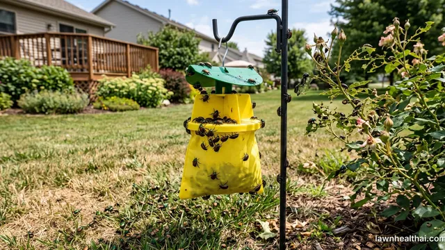 A yellow-vaned pheromone beetle trap hanging from a shepherd's hook in a garden, with skeletonised leaves on the shrub beside it showing feeding damage