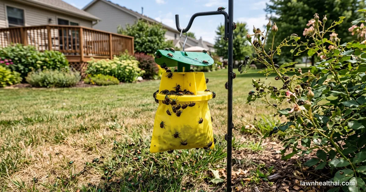 A yellow-vaned pheromone beetle trap hanging from a shepherd's hook in a garden, with skeletonised leaves on the shrub beside it showing feeding damage