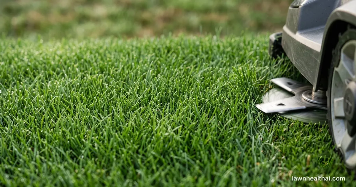 Close-up of dense fine-textured lawn grass, with a robotic mower entering at the right edge and its spinning cutting disc showing two small blades barely an inch long