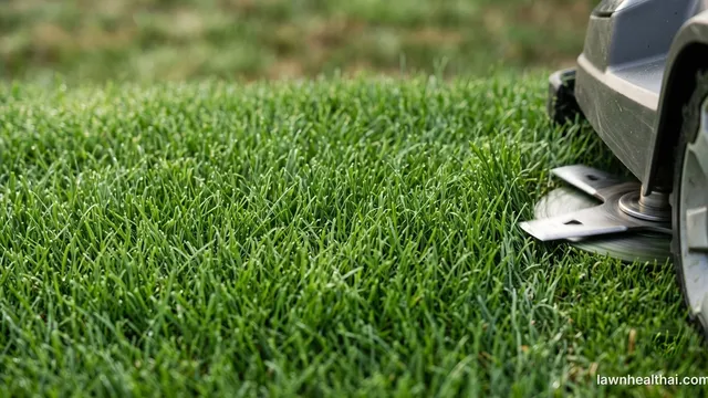 Close-up of dense fine-textured lawn grass, with a robotic mower entering at the right edge and its spinning cutting disc showing two small blades barely an inch long