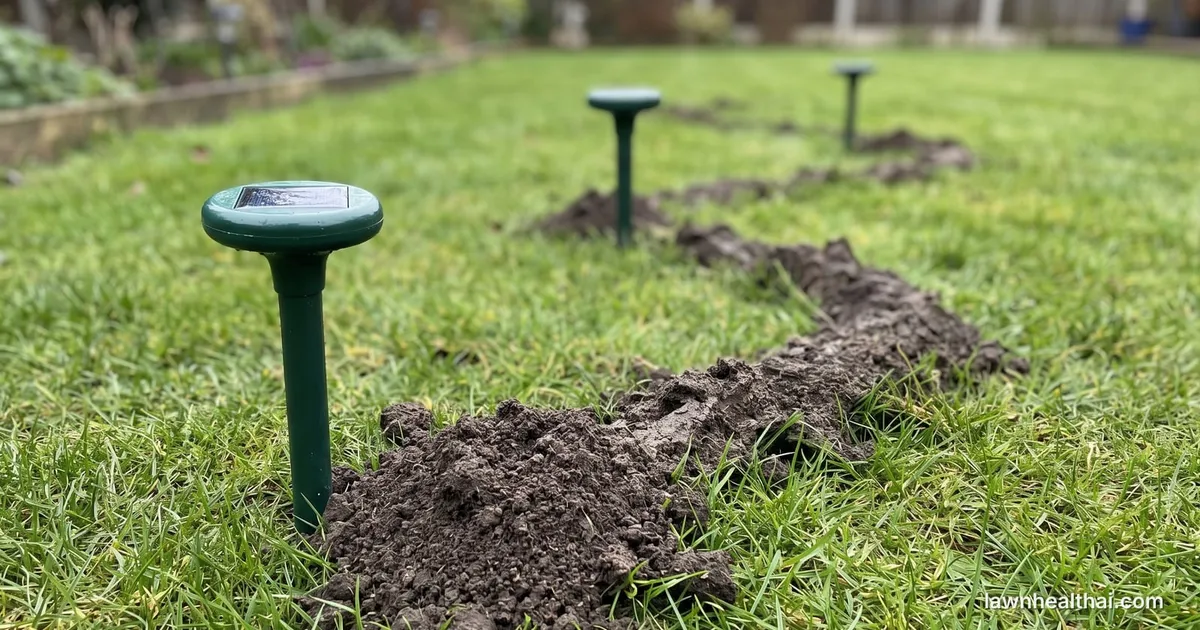 A row of solar-powered ultrasonic repeller stakes pushed into a lawn, with a fresh raised soil ridge from a burrowing animal running directly past their bases