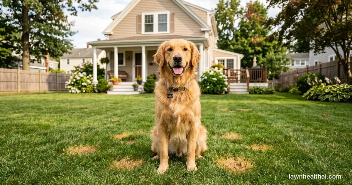 A golden retriever sitting in the middle of a suburban backyard lawn in front of a house with a covered porch, with several patches of yellowed, thinning grass scattered across the turf around it