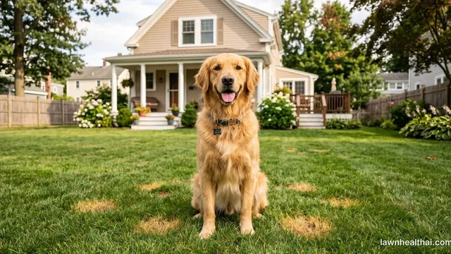 A golden retriever sitting in the middle of a suburban backyard lawn in front of a house with a covered porch, with several patches of yellowed, thinning grass scattered across the turf around it