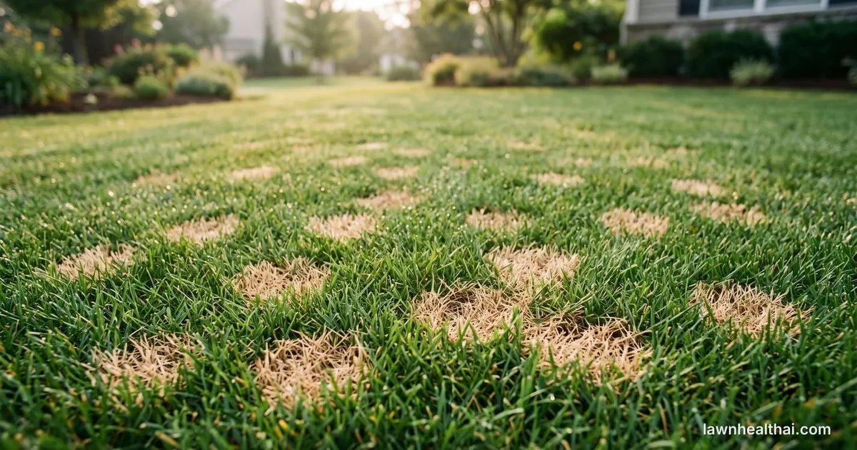 Straw-coloured patches of collapsed blades scattered through a green lawn, some only a few inches across and others merged into larger irregular areas, photographed low with morning light across the turf — Delaware