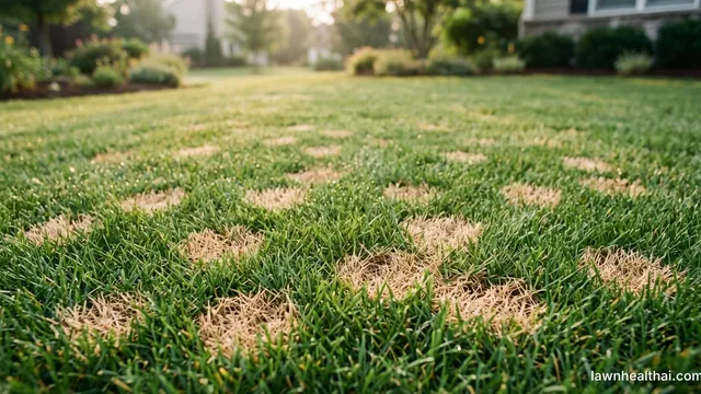 Straw-coloured patches of collapsed blades scattered through a green lawn, some only a few inches across and others merged into larger irregular areas, photographed low with morning light across the turf