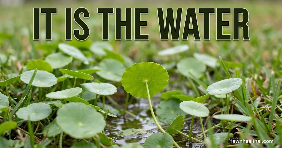 A patch of round bright green dollarweed leaves like miniature lily pads spreading through thin St. Augustine turf on visibly wet low ground, one leaf turned to show the stem joining at the centre rather than the edge, with the words “It Is the Water” set across the top of the frame — Florida