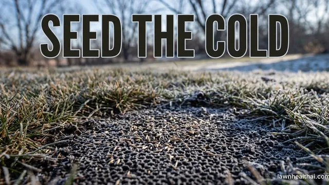 Grass seed scattered across a bare patch of cold, frost-crusted soil in a dormant lawn, the surrounding grass frosted white at the tips and bare trees blurred behind, with the words “Seed the Cold” set across the top