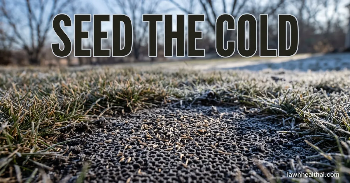 Grass seed scattered across a bare patch of cold, frost-crusted soil in a dormant lawn, the surrounding grass frosted white at the tips and bare trees blurred behind, with the words “Seed the Cold” set across the top — Alaska