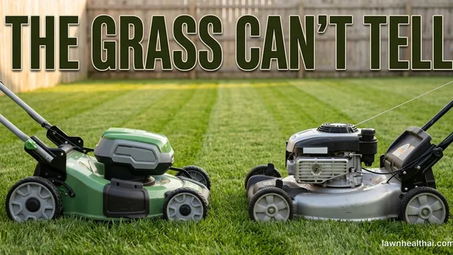 A green battery-powered push mower and a silver petrol mower with an exposed engine standing side by side on a freshly striped lawn in front of a wooden fence, with the words “The Grass Can’t Tell” set across the top