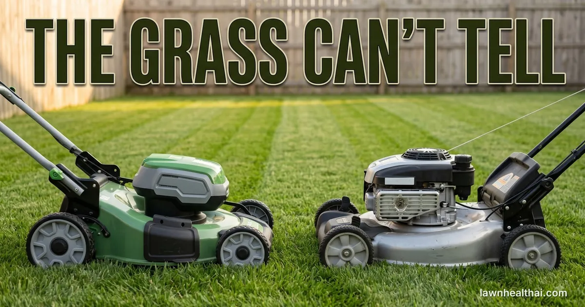 A green battery-powered push mower and a silver petrol mower with an exposed engine standing side by side on a freshly striped lawn in front of a wooden fence, with the words “The Grass Can’t Tell” set across the top