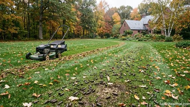 An early-autumn lawn strewn with fallen leaves and covered in soil cores from a recent aeration pass, with a mower parked at the edge of the uncut section and a house among autumn trees behind