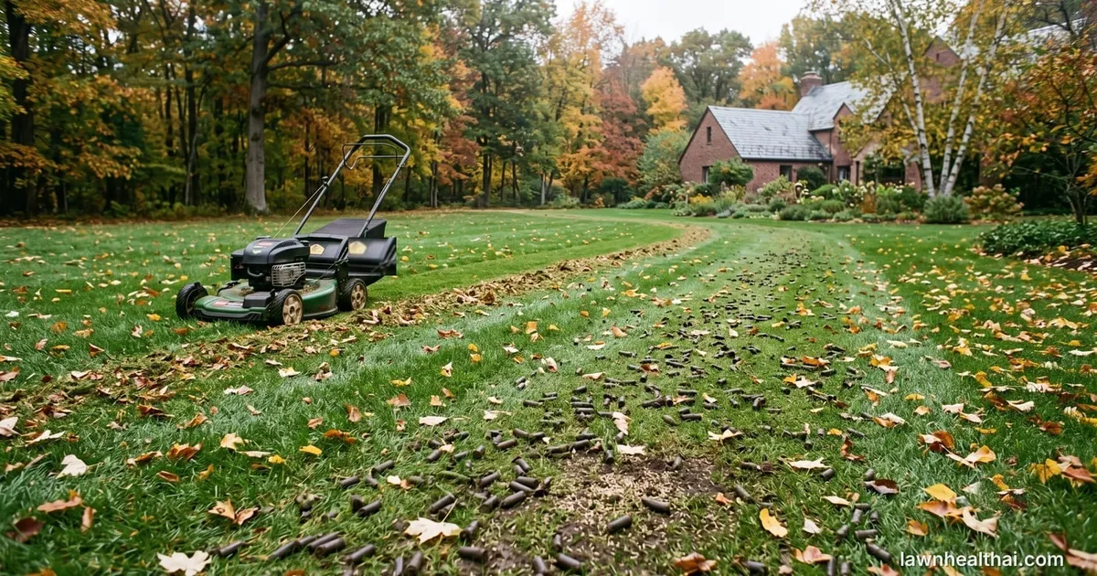 An early-autumn lawn strewn with fallen leaves and covered in soil cores from a recent aeration pass, with a mower parked at the edge of the uncut section and a house among autumn trees behind