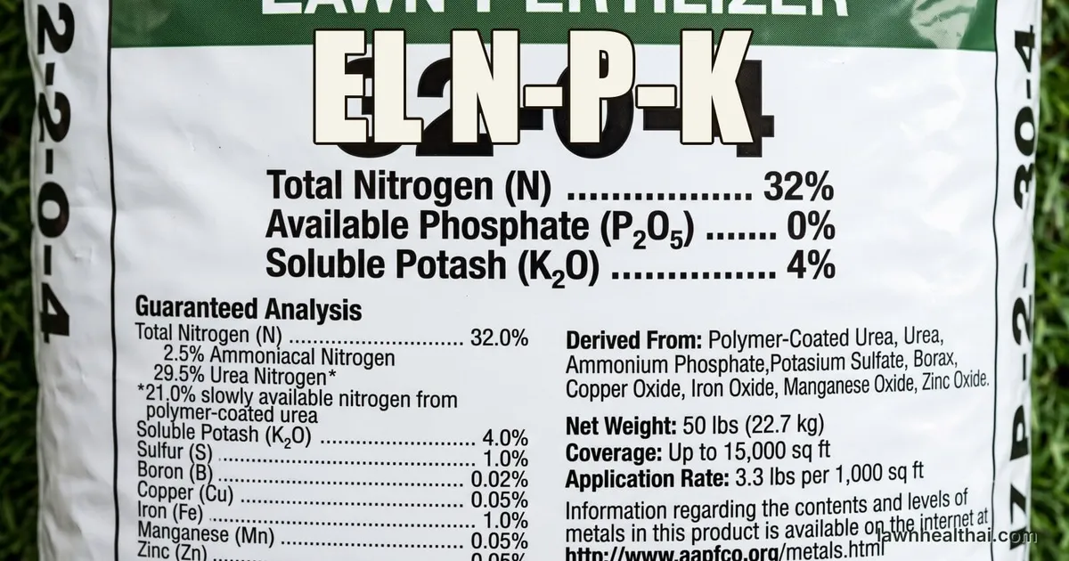 Una bolsa de fertilizante para césped sobre hierba verde con sus tres números de garantía N-P-K destacados en el panel frontal, con las palabras “EL N-P-K” dispuestas en la parte superior del encuadre