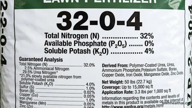 A bag of lawn fertilizer on green turf with its three N-P-K guarantee numbers prominent on the front panel