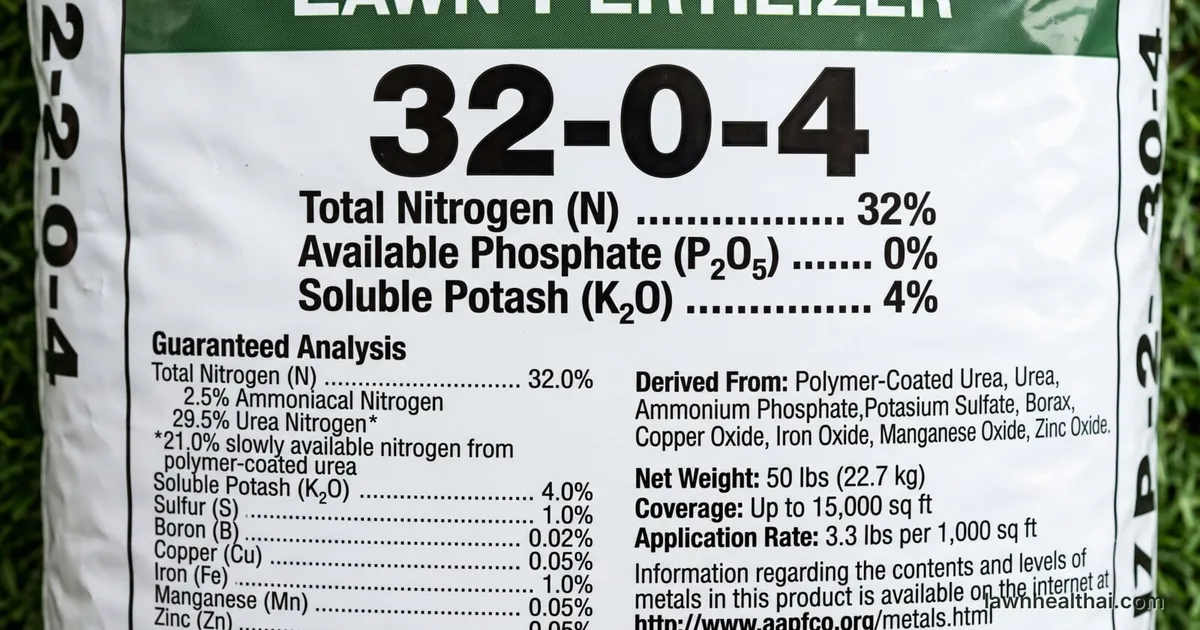 A bag of lawn fertilizer on green turf with its three N-P-K guarantee numbers prominent on the front panel