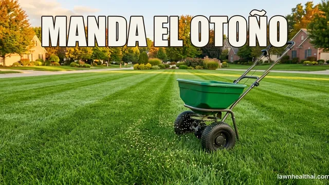 Gránulos de fertilizante cayendo sobre un césped verde bajo cuatro bandas de color estacionales, con la banda de invierno sin fertilizar, con las palabras “MANDA EL OTOÑO” dispuestas en la parte superior del encuadre