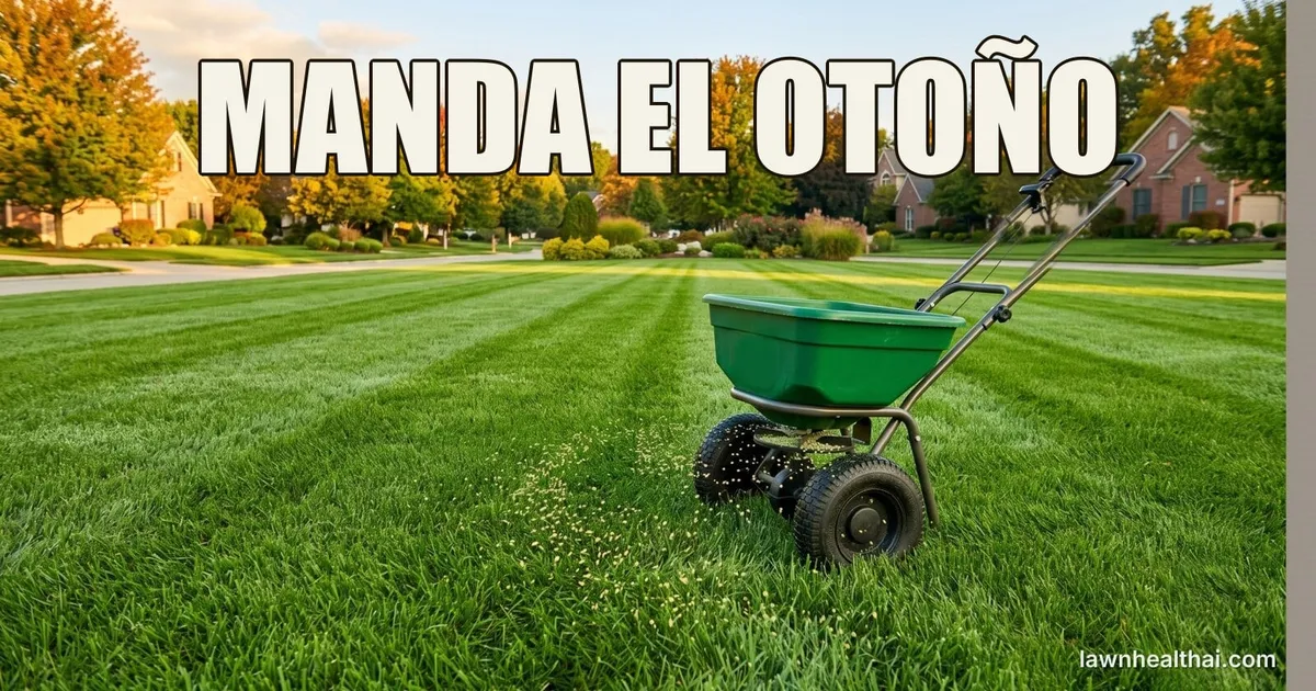 Gránulos de fertilizante cayendo sobre un césped verde bajo cuatro bandas de color estacionales, con la banda de invierno sin fertilizar, con las palabras “MANDA EL OTOÑO” dispuestas en la parte superior del encuadre