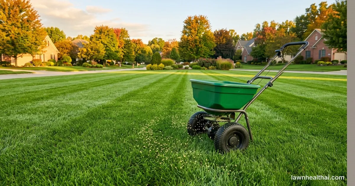 Fertilizer granules landing on a green lawn beneath four seasonal color bands, with the winter band left unfed