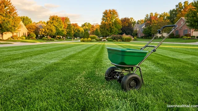 Fertilizer granules landing on a green lawn beneath four seasonal color bands, with the winter band left unfed