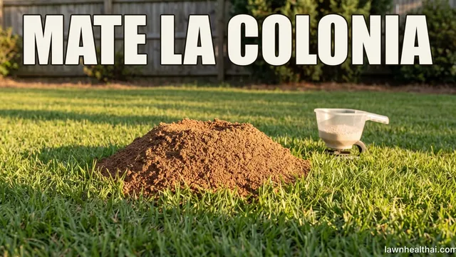 Un hormiguero abombado de tierra suelta y desmenuzada, sin abertura central, alzándose sobre un césped bien cortado a la luz del atardecer, con un aplicador manual de gránulos con cebo claro apoyado en la hierba al lado, con las palabras “MATE LA COLONIA” dispuestas en la parte superior del encuadre