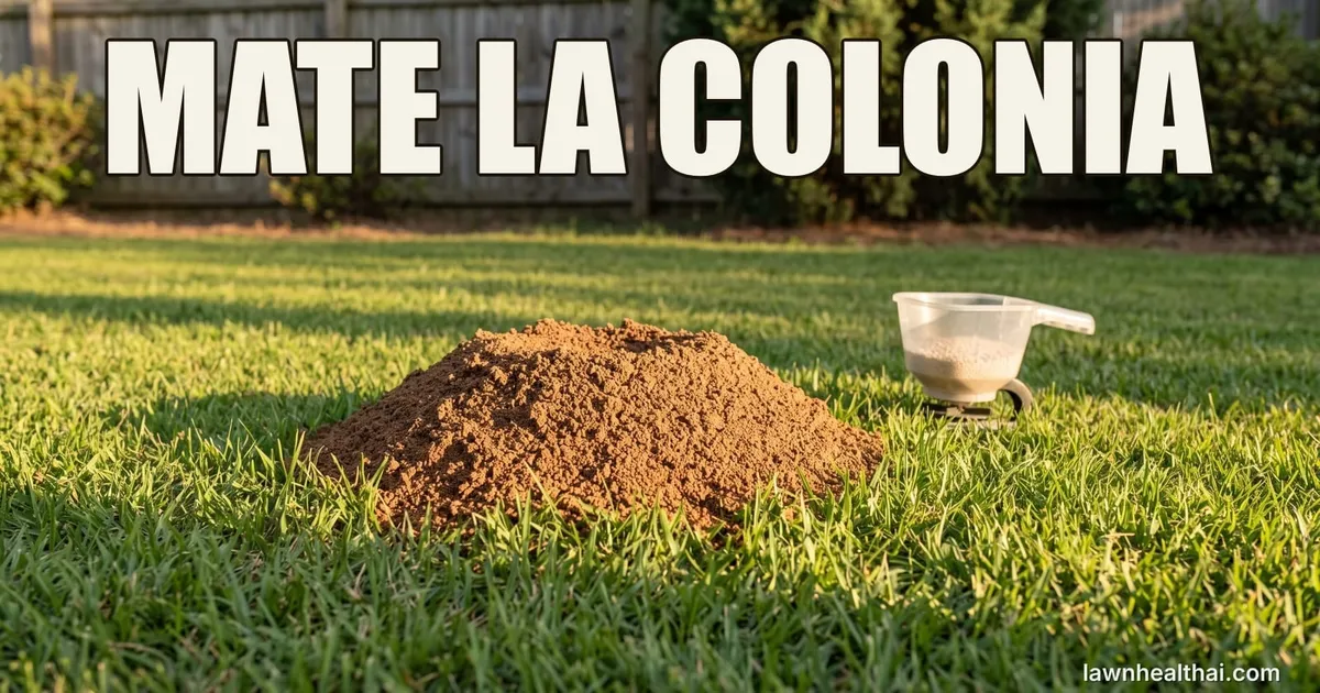 Un hormiguero abombado de tierra suelta y desmenuzada, sin abertura central, alzándose sobre un césped bien cortado a la luz del atardecer, con un aplicador manual de gránulos con cebo claro apoyado en la hierba al lado, con las palabras “MATE LA COLONIA” dispuestas en la parte superior del encuadre