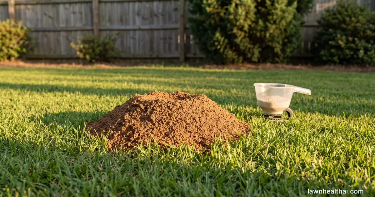 A domed fire ant mound of loose crumbly soil with no central opening, rising above closely mown turf in evening light, with a handheld granule applicator holding pale bait resting on the grass nearby — Florida