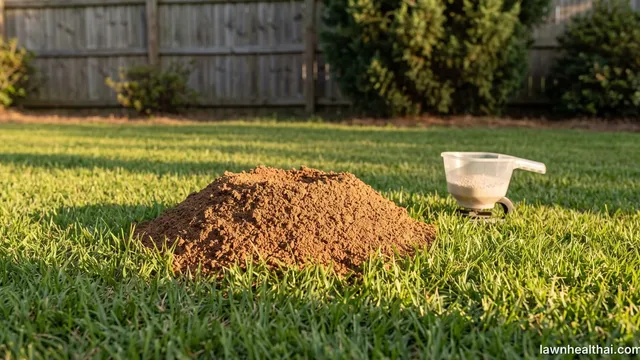 A domed fire ant mound of loose crumbly soil with no central opening, rising above closely mown turf in evening light, with a handheld granule applicator holding pale bait resting on the grass nearby