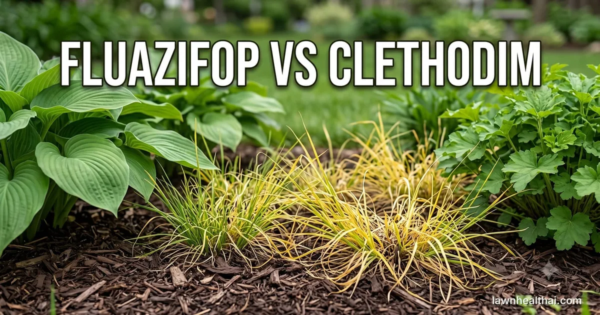 Clumps of grassy weeds turning yellow and straw-coloured in a bark-mulched garden border while the hostas and other broadleaf plants immediately around them stay deep green and undamaged, with the words “Fluazifop vs Clethodim” set across the top