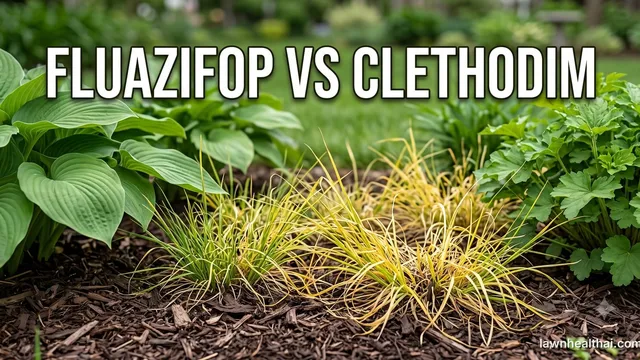 Clumps of grassy weeds turning yellow and straw-coloured in a bark-mulched garden border while the hostas and other broadleaf plants immediately around them stay deep green and undamaged, with the words “Fluazifop vs Clethodim” set across the top