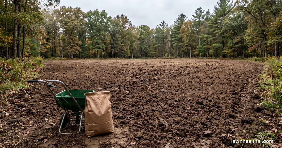 A freshly disked food plot seedbed with a broadcast spreader and a bag of lime at the edge, woodland behind