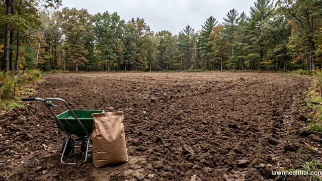 A freshly disked food plot seedbed with a broadcast spreader and a bag of lime at the edge, woodland behind