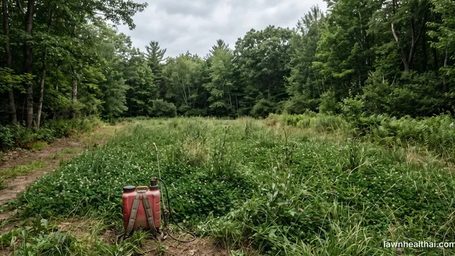 A clover food plot with grassy weeds coming through it, a backpack sprayer standing at the edge of the plot