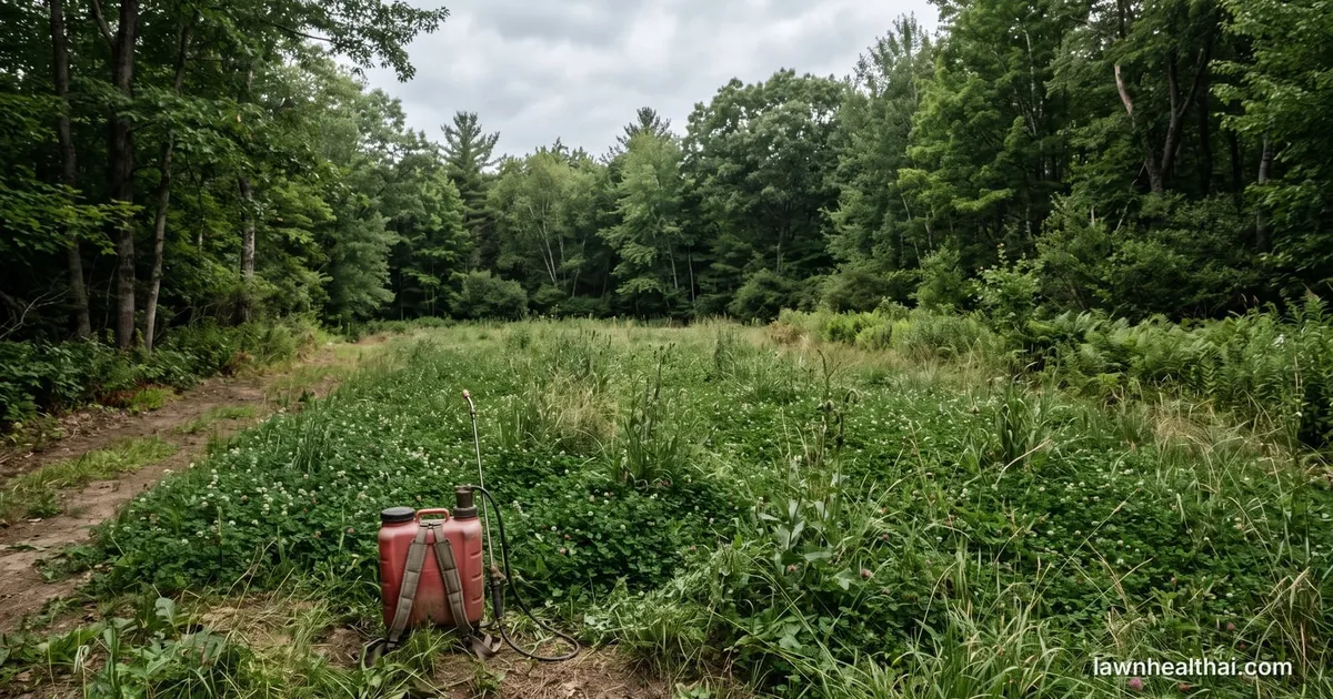 A clover food plot with grassy weeds coming through it, a backpack sprayer standing at the edge of the plot