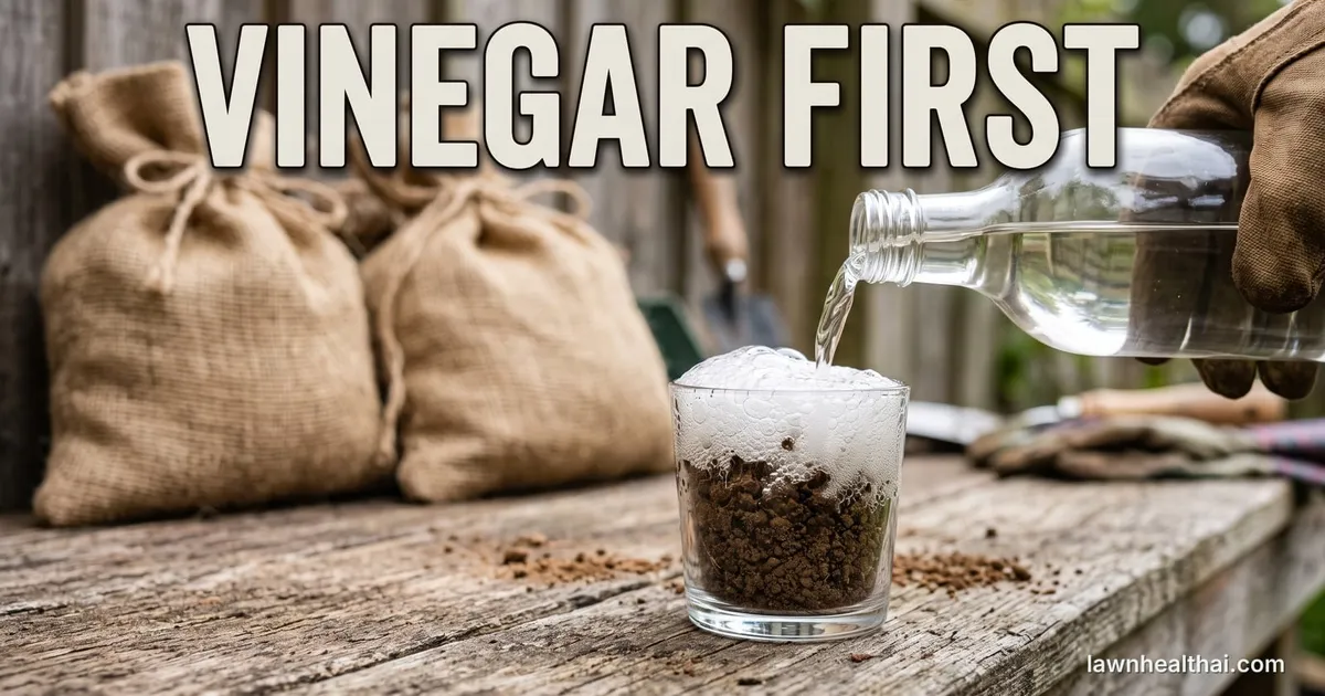 A tablespoon of dry crumbled garden soil in a small clear glass cup with vinegar being poured onto it and a foam of bubbles rising on the surface, on a weathered workbench in front of two unlabelled burlap sacks of soil amendment, with the words “VINEGAR FIRST” set across the top of the frame