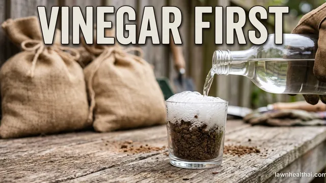 A tablespoon of dry crumbled garden soil in a small clear glass cup with vinegar being poured onto it and a foam of bubbles rising on the surface, on a weathered workbench in front of two unlabelled burlap sacks of soil amendment, with the words “VINEGAR FIRST” set across the top of the frame
