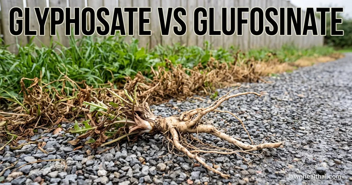 A large weed pulled and laid on a gravel driveway edge with its thick pale taproot and side roots fully exposed and still attached to browned top growth, a strip of dead brown weeds behind it and untreated green growth along a wooden fence, with the words “Glyphosate vs Glufosinate” set across the top