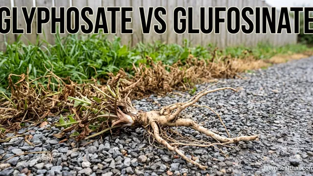 A large weed pulled and laid on a gravel driveway edge with its thick pale taproot and side roots fully exposed and still attached to browned top growth, a strip of dead brown weeds behind it and untreated green growth along a wooden fence, with the words “Glyphosate vs Glufosinate” set across the top