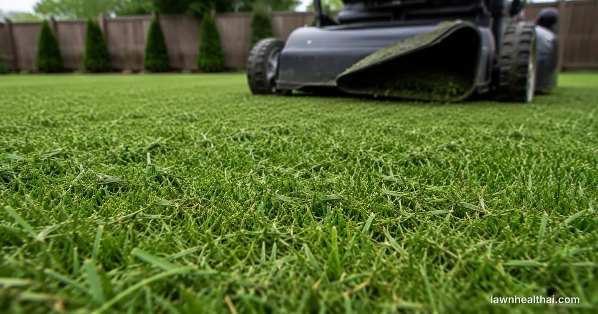 Short grass clippings settled down between the blades of a dense lawn rather than clumped on top, with a mower behind it discharging from an open chute and no collection bag fitted