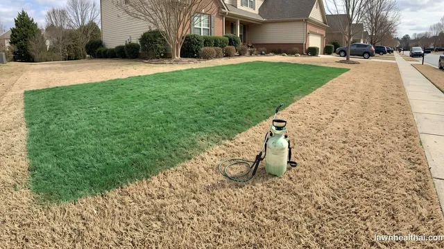A dormant straw-coloured bermuda lawn photographed mid-application, one half sprayed a uniform deep green and the other still tan, with a backpack sprayer standing on the line between them